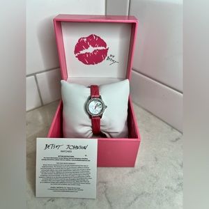 NWT Betsey Johnson pink leather strap watch with crystal framed dial.